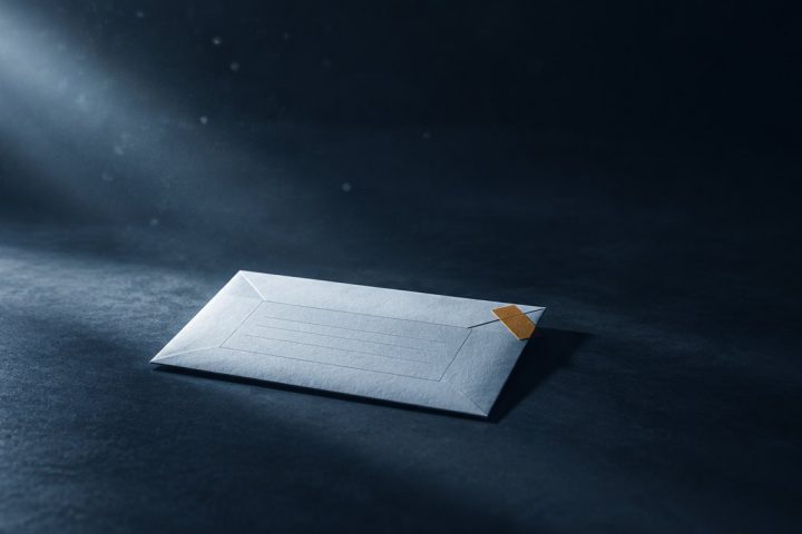 Một phong bì nằm lệch trên mặt bàn trống, góc dán một mẩu ghi chú màu hổ phách — minh hoạ thông báo không hoạt động tại địa chỉ đã đăng ký